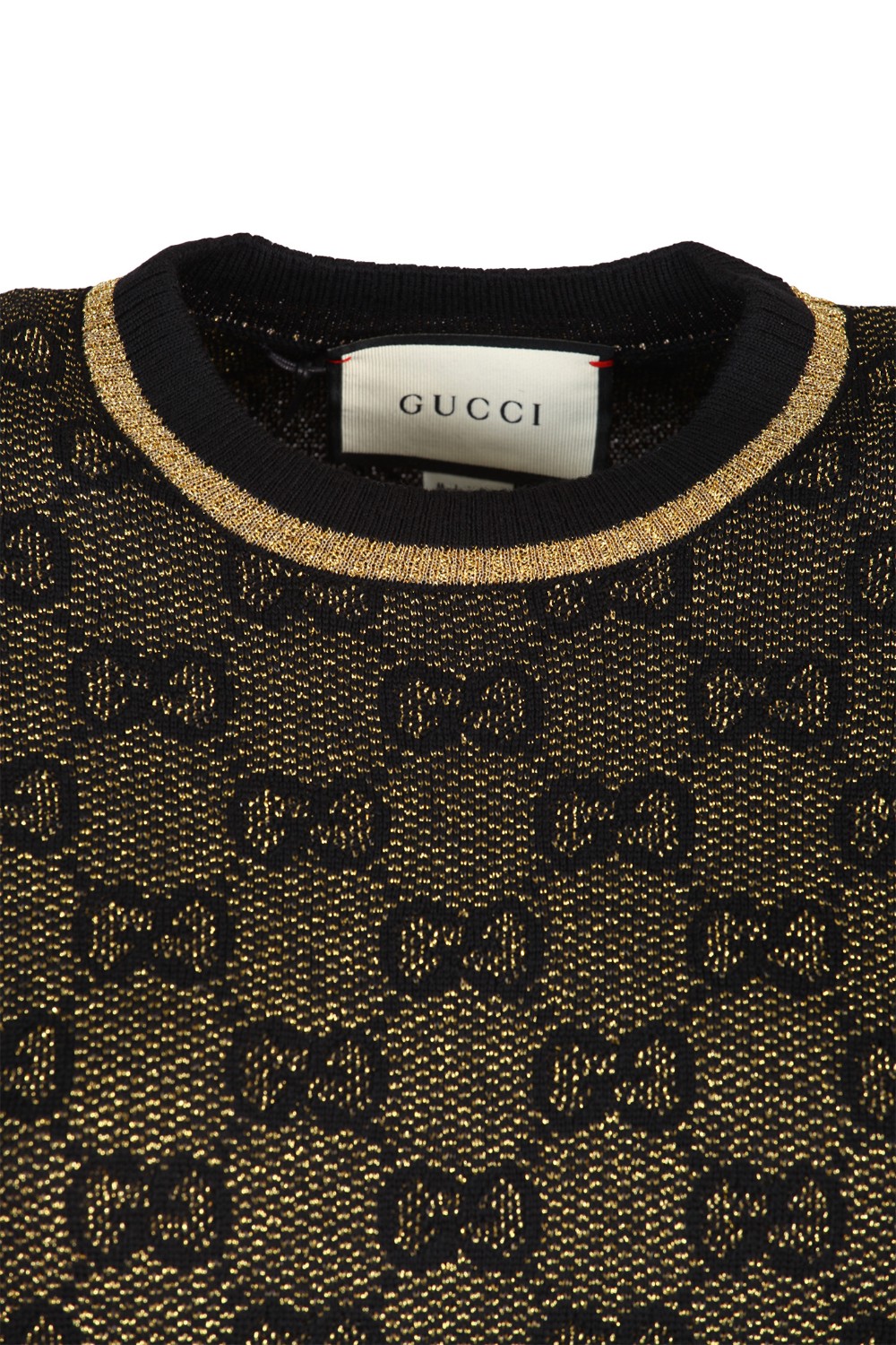 shop GUCCI  Pull: Gucci pullover in lana GG jacquard.
Girocollo.
Maniche corte.
Finiture nere e oro.
GG.
Regular fit.
Composizione: 100% lana.
Made in Italy.. 574166 XKARJ-1815NERO/ORO number 7446049